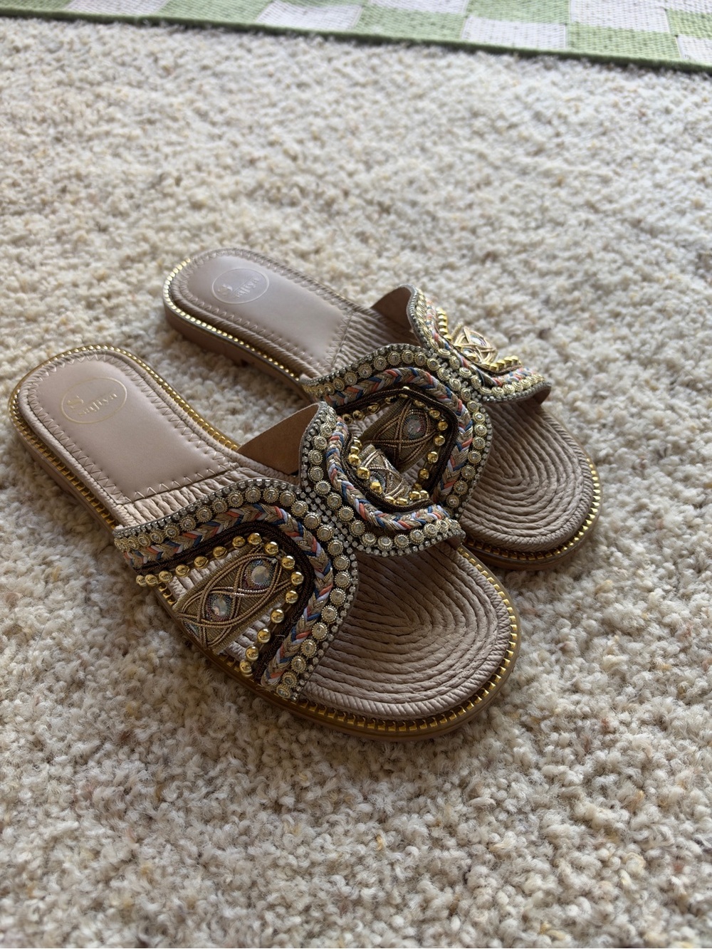 Embellished Tan Slide Sandals with Multicolor Beading
